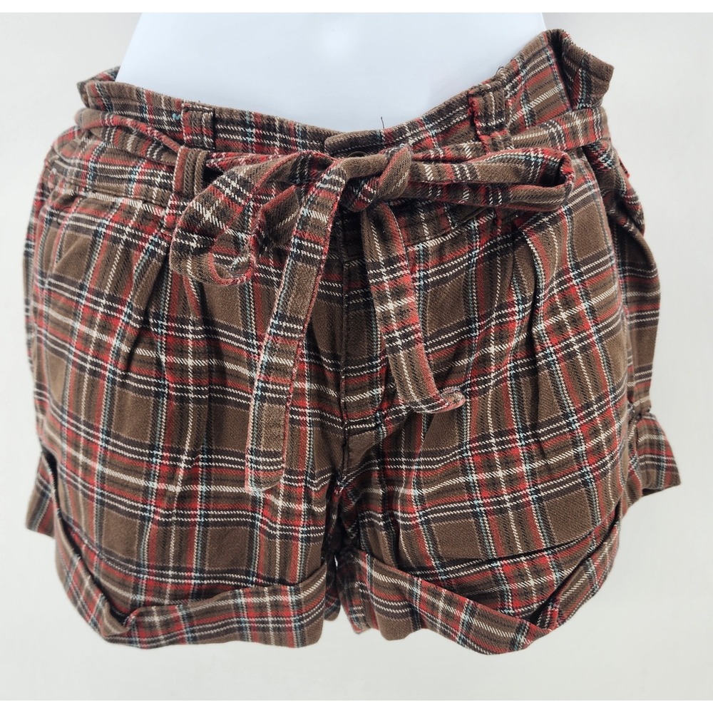 Hollister Brown Red Plaid Flannel Tie Waist Cuffed Shorts Size 5